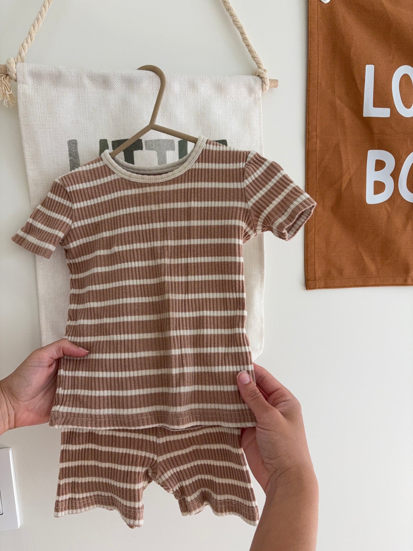 Top + Bottom Set | Tan White Stripes | 12-24M