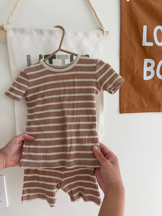 Top + Bottom Set | Tan White Stripes | 12-24M