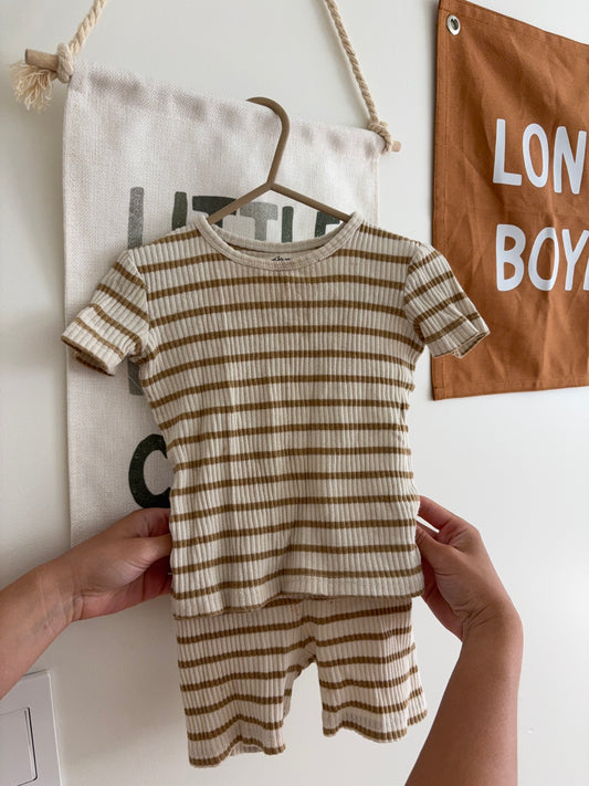 Top + Bottom Set | White Tan Stripes | 12-24M